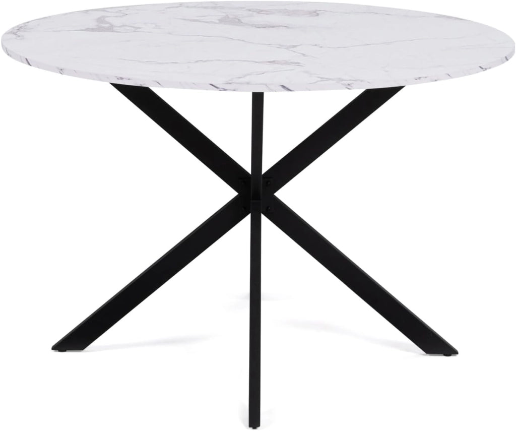 Tavolo da pranzo rotondo per 4-6 persone ALASKA con effetto marmo bianco e gamba a ragno in metallo 110 cm