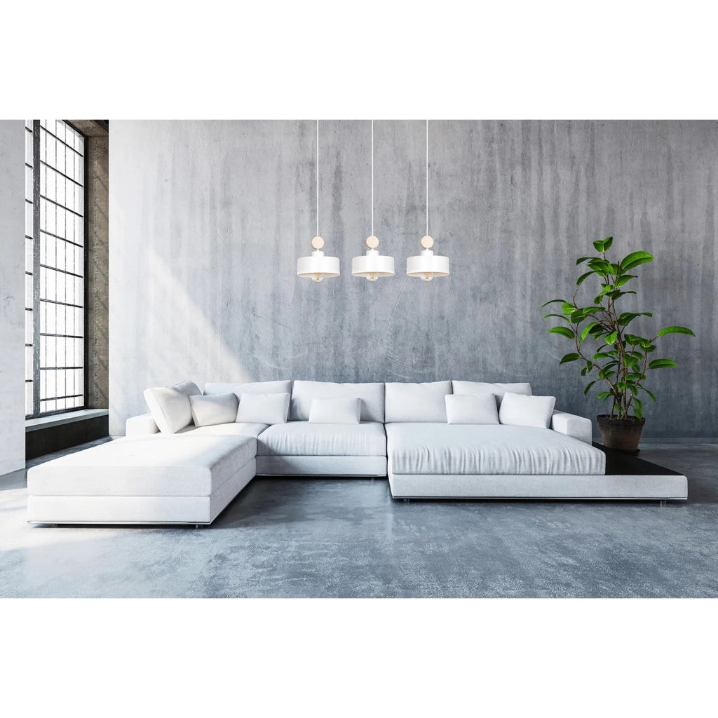 Lampadario 3 Luci Zhurong In Acciaio Bianco E Paralumi Con Legno Naturale