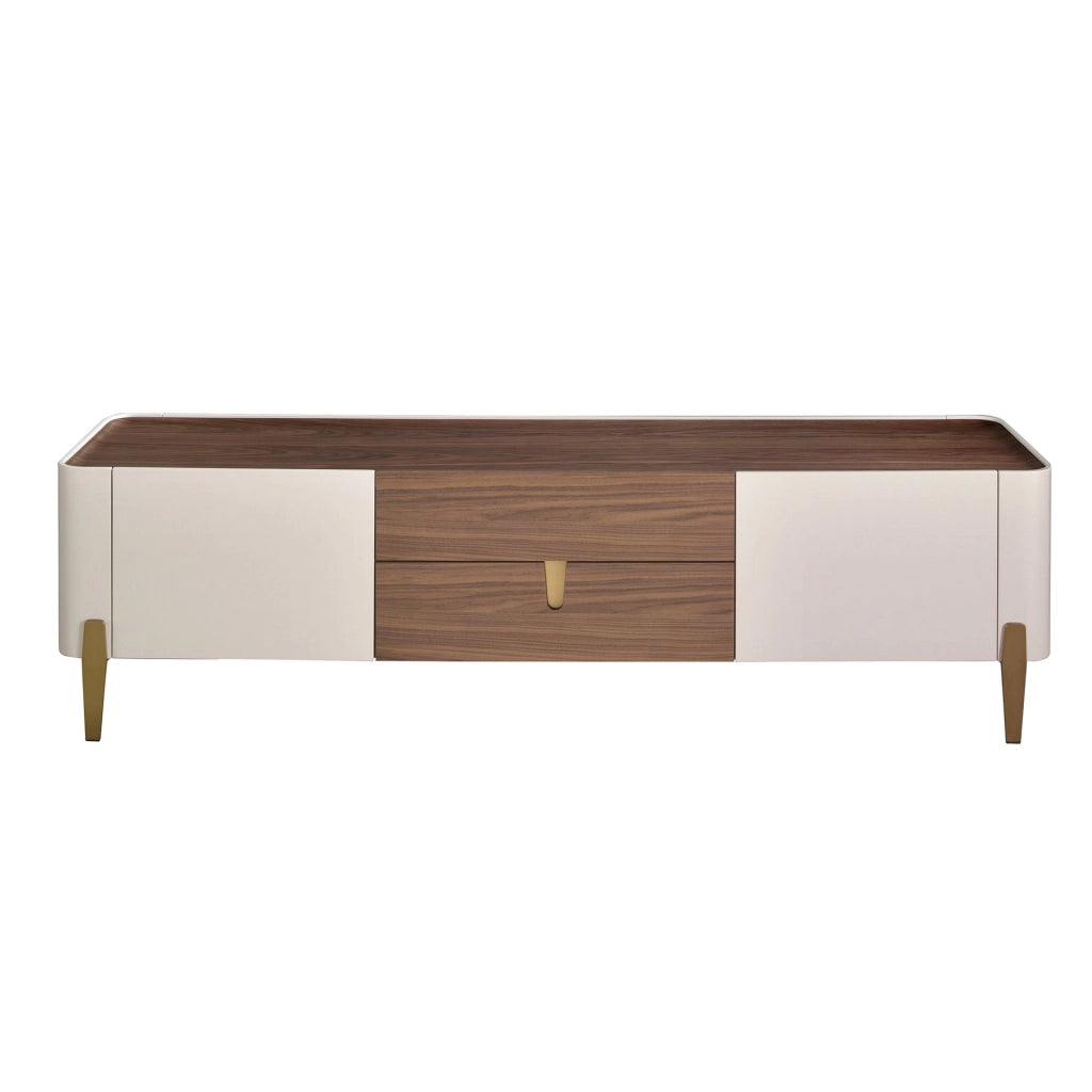 Porta TV in legno beige, acciaio lucido dorato e piano in noce