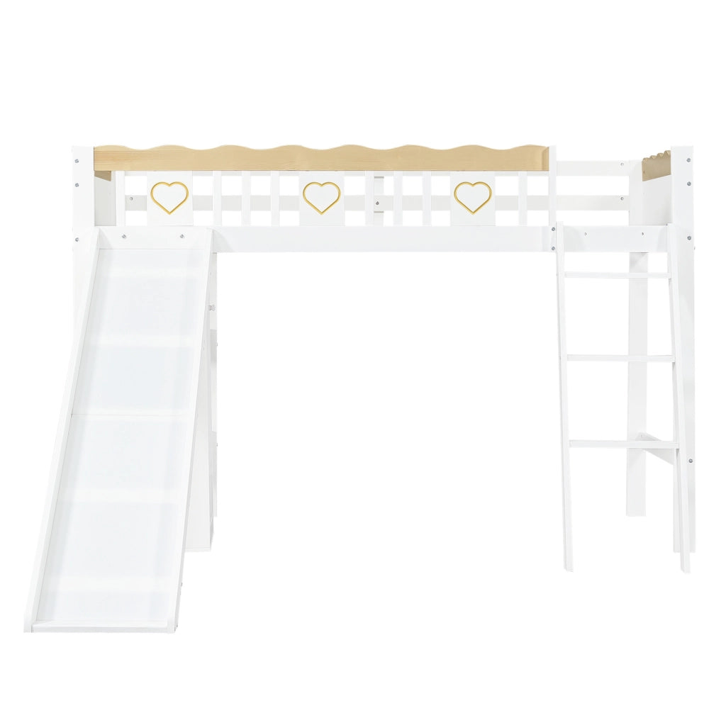 Letto a soppalco 90x200 cm con scivolo; guardaroba e vano contenitore in legno e MDF bianco naturale