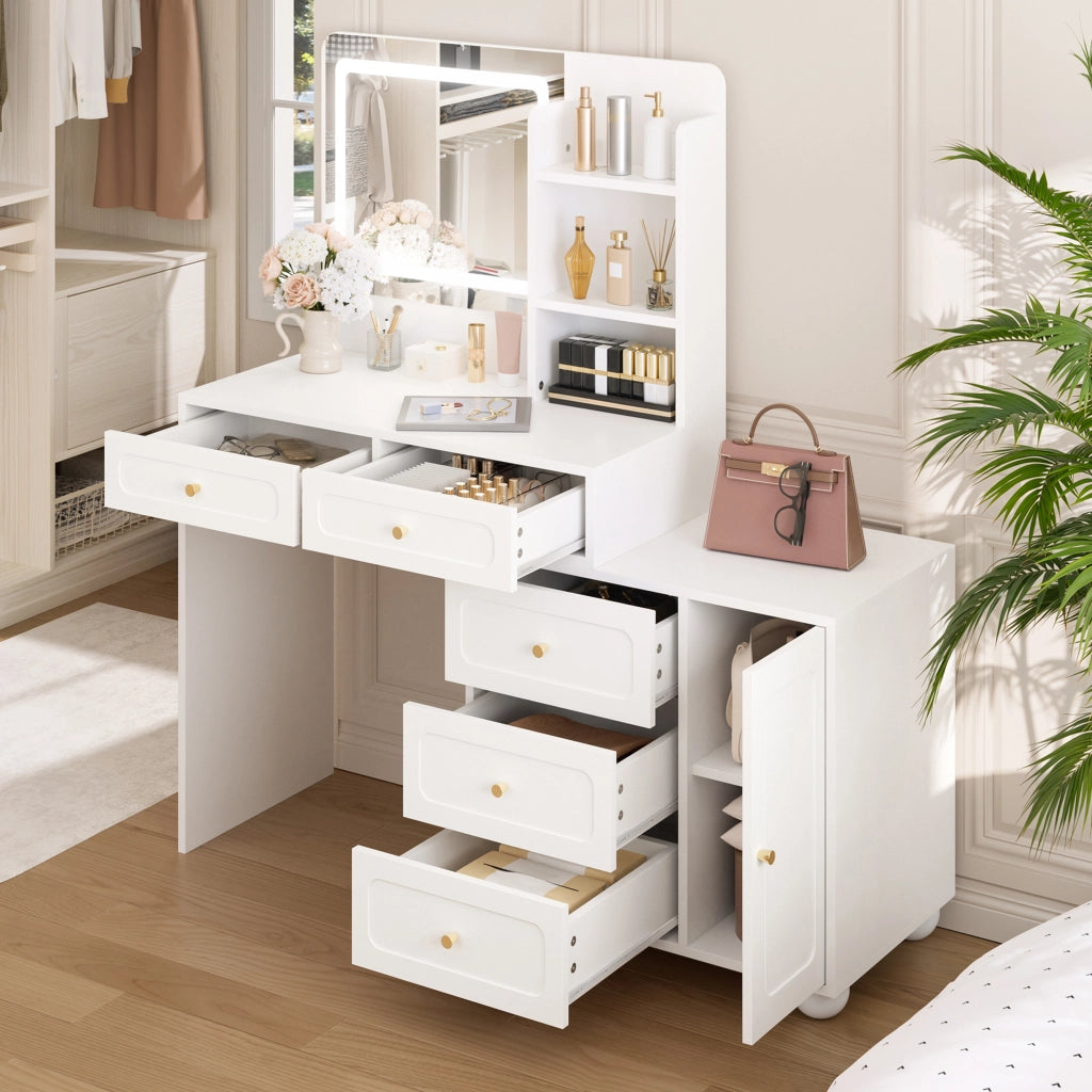Toeletta con 5 cassetti; 1 anta e 3 ripiani; specchio LED - per camera da letto - in MDF e bambù - bianco - 80×39.8×127 cm