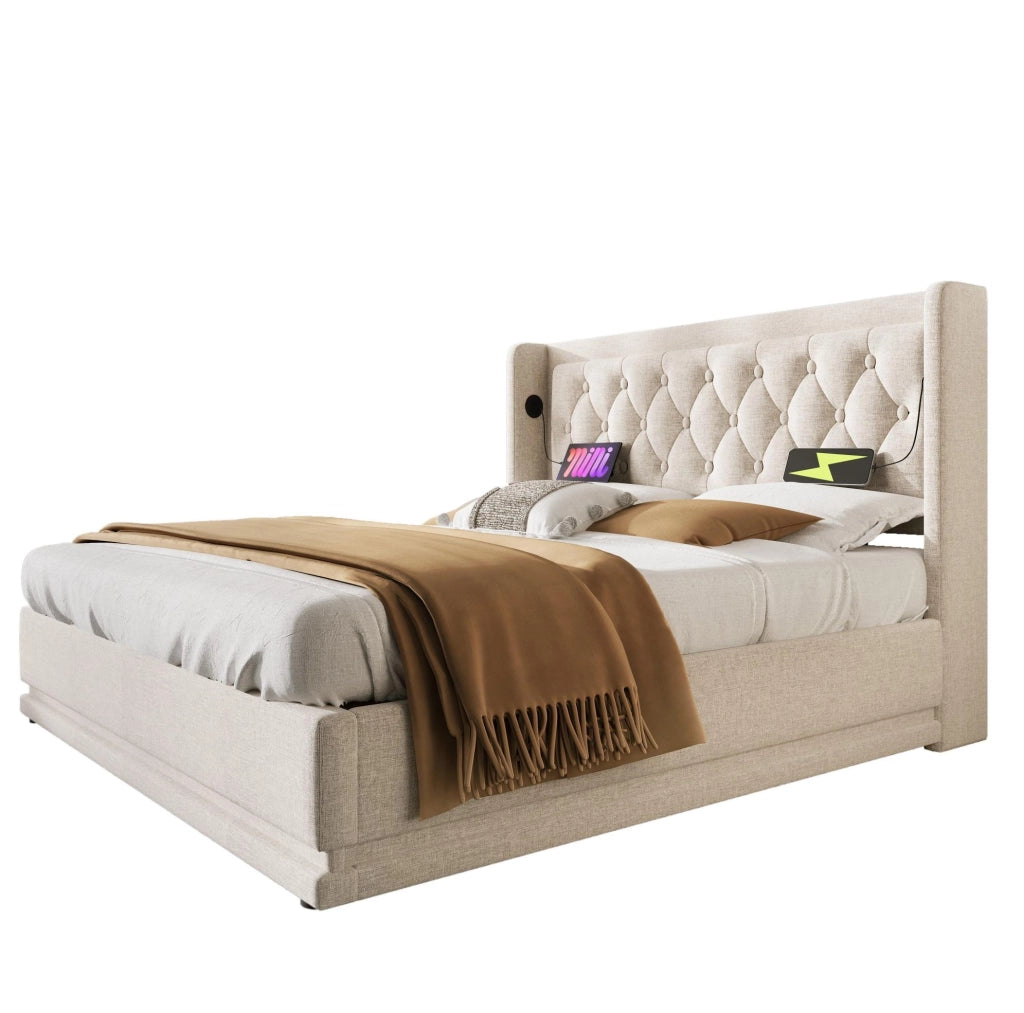 Letto matrimoniale imbottito 160x200 cm con contenitore, USB, Type-C e LED a 3 lati