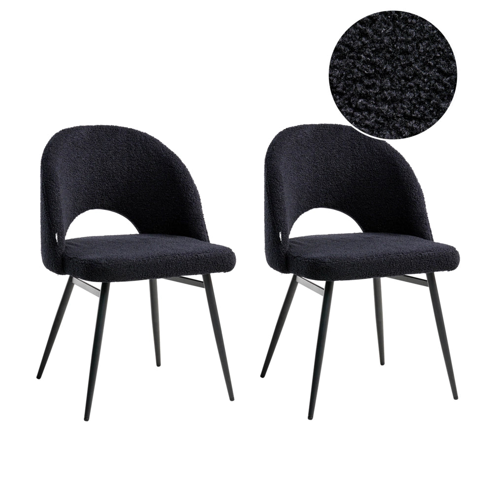 Set di 2 sedie da pranzo in tessuto bouclè nero braccioli schienale intagliato gambe in metallo moderna industriale