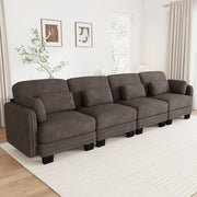 Divano modulare lineare 4 posti 330x88x88 cm con cuscini lombari e bracciolo in chenille marrone