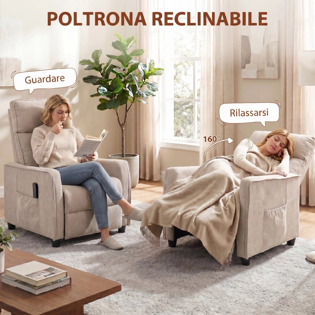 Poltrona Massaggiante 69x93x104 cm Reclinabile a 160° con Poggiapiedi e Telecomando Effetto Lino Bianco Crema
