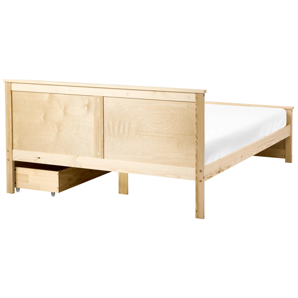 Letto matrimoniale con 2 cassetti in legno marrone chiaro stile 140 x 200 cm con testiera in stile scandinavo