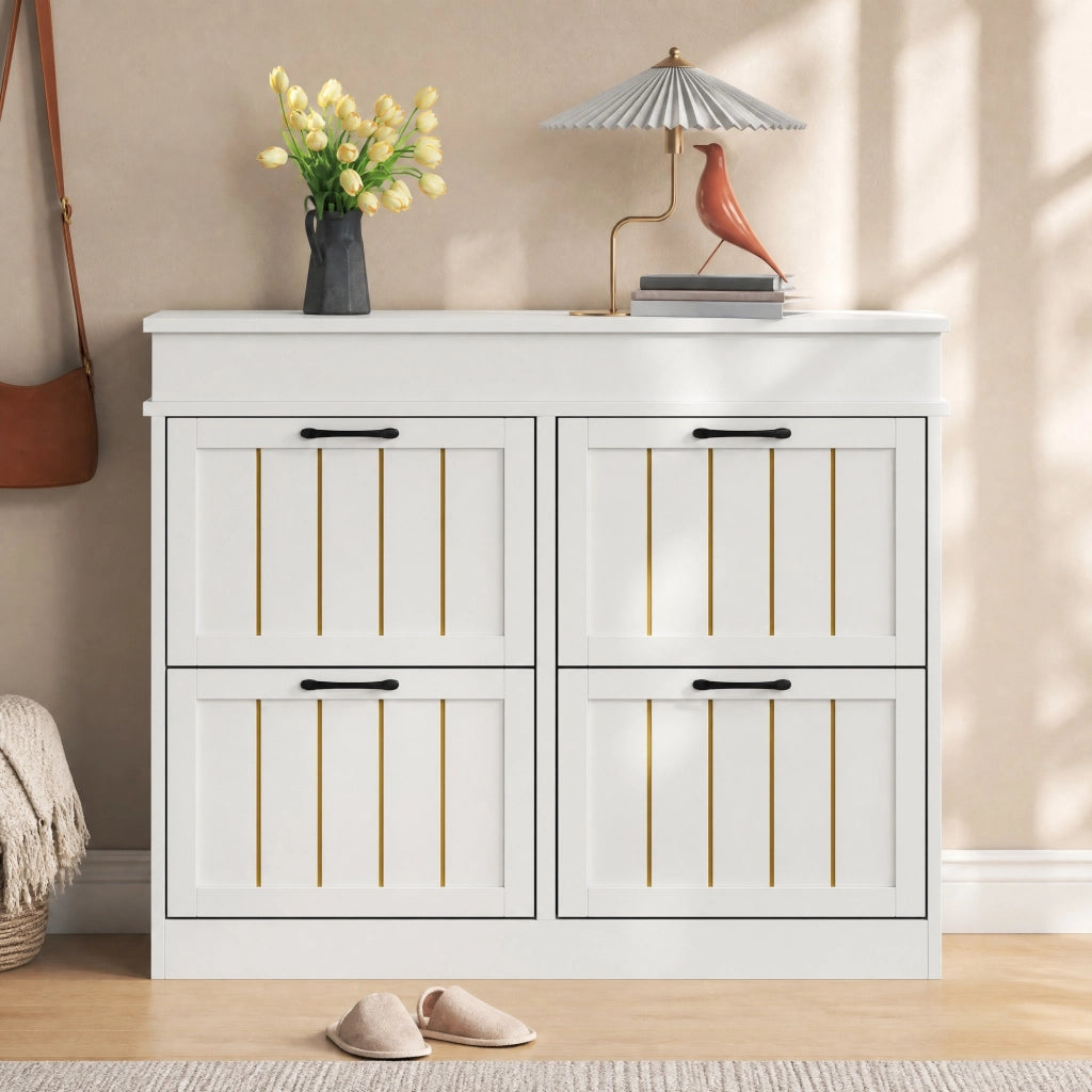 Scarpiera salvaspazio con 4 ante a ribalta, 8 ripiani, struttura in MDF, bianco, 105 x 24 x 83 cm