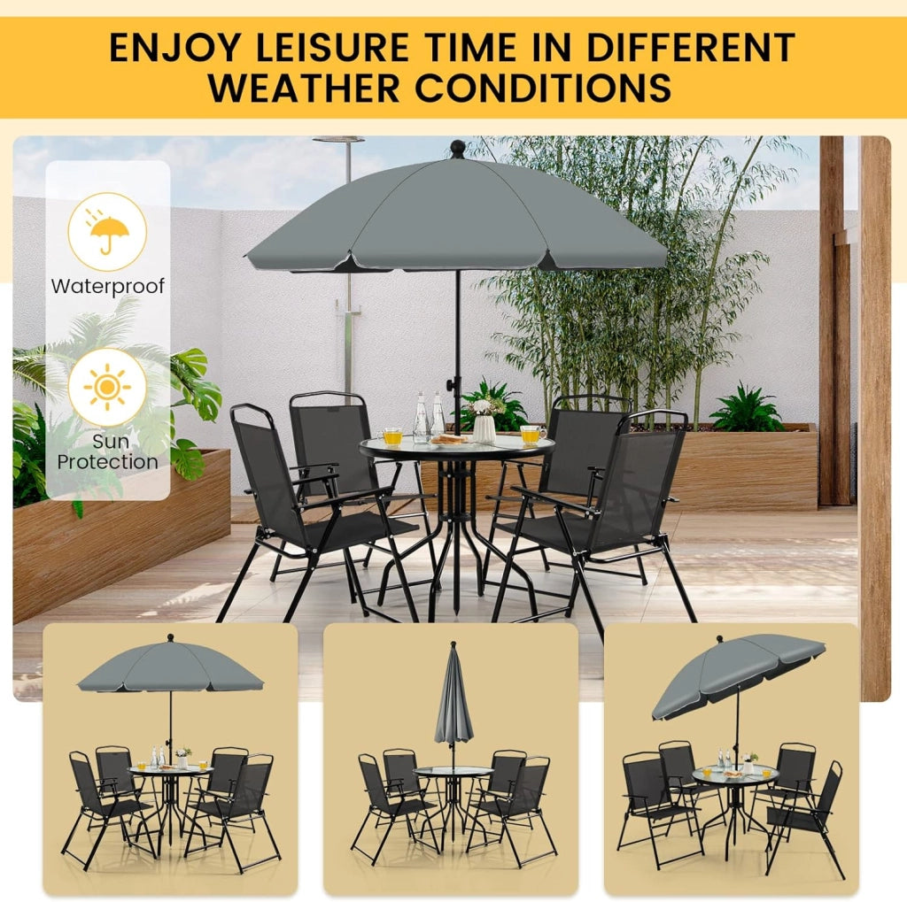 6 PCS Set da pranzo per il patio, set di mobili per il patio con ombrellone, tavolo da caffè con piano in vetro temperato e 4 sedie pieghevoli per esterni, terrazza, cortile, portico