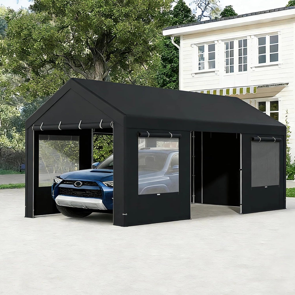 Tenda Garage Auto Esterno, Tettoia per Auto con Telaio in Metallo, Copertura in PE Resistente alle Intemperie, Capanno Giardino per Vehicolo, Bici, Moto, Attrezzi (Grigio, 305 x 586 x 280 cm)