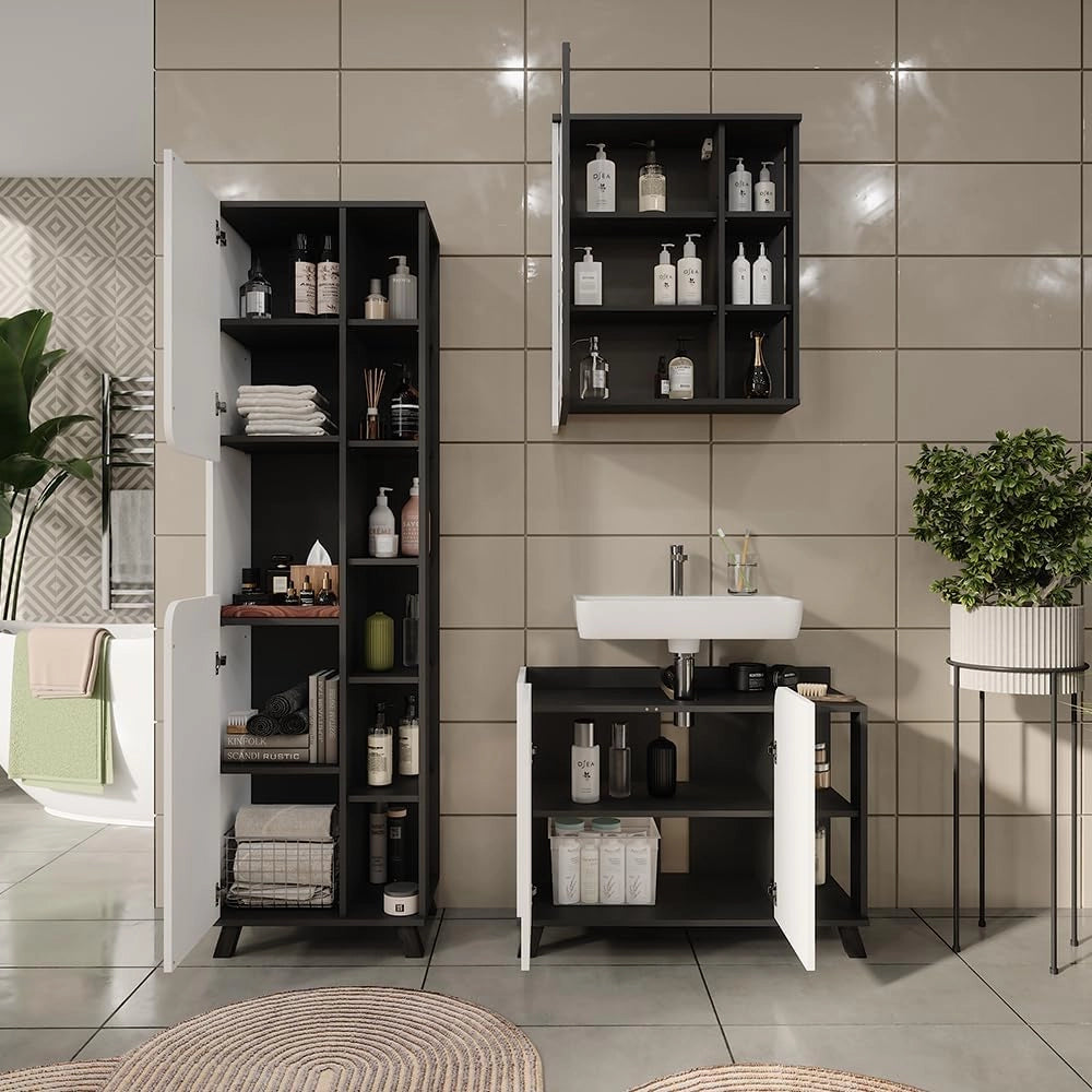 Set di mobili da bagno Karen, Antracite/bianco, 80 cm, composto da mobile sottolavabo, specchiera e colonna alta