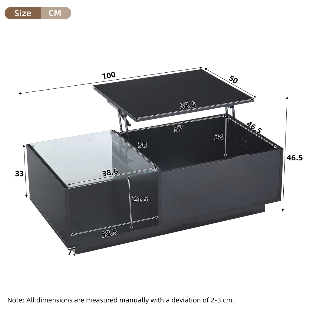 Tavolino basso sollevabile con 2 cassetti e vano nascosto LED finitura lucida moderna in legno ingegnerizzato nero