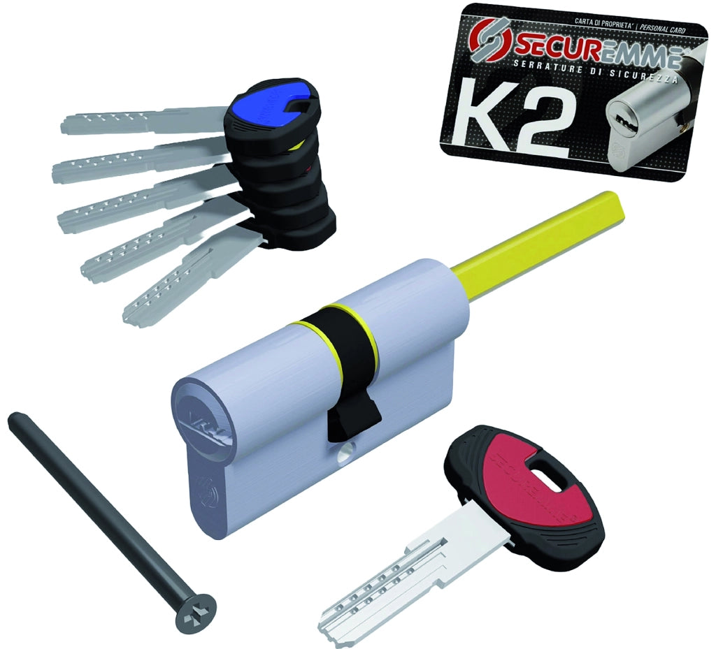 Securemme CILINDRO CROMO SATINATO K2 CON CODOLO 5 chiavi mm. 80 (30+50)