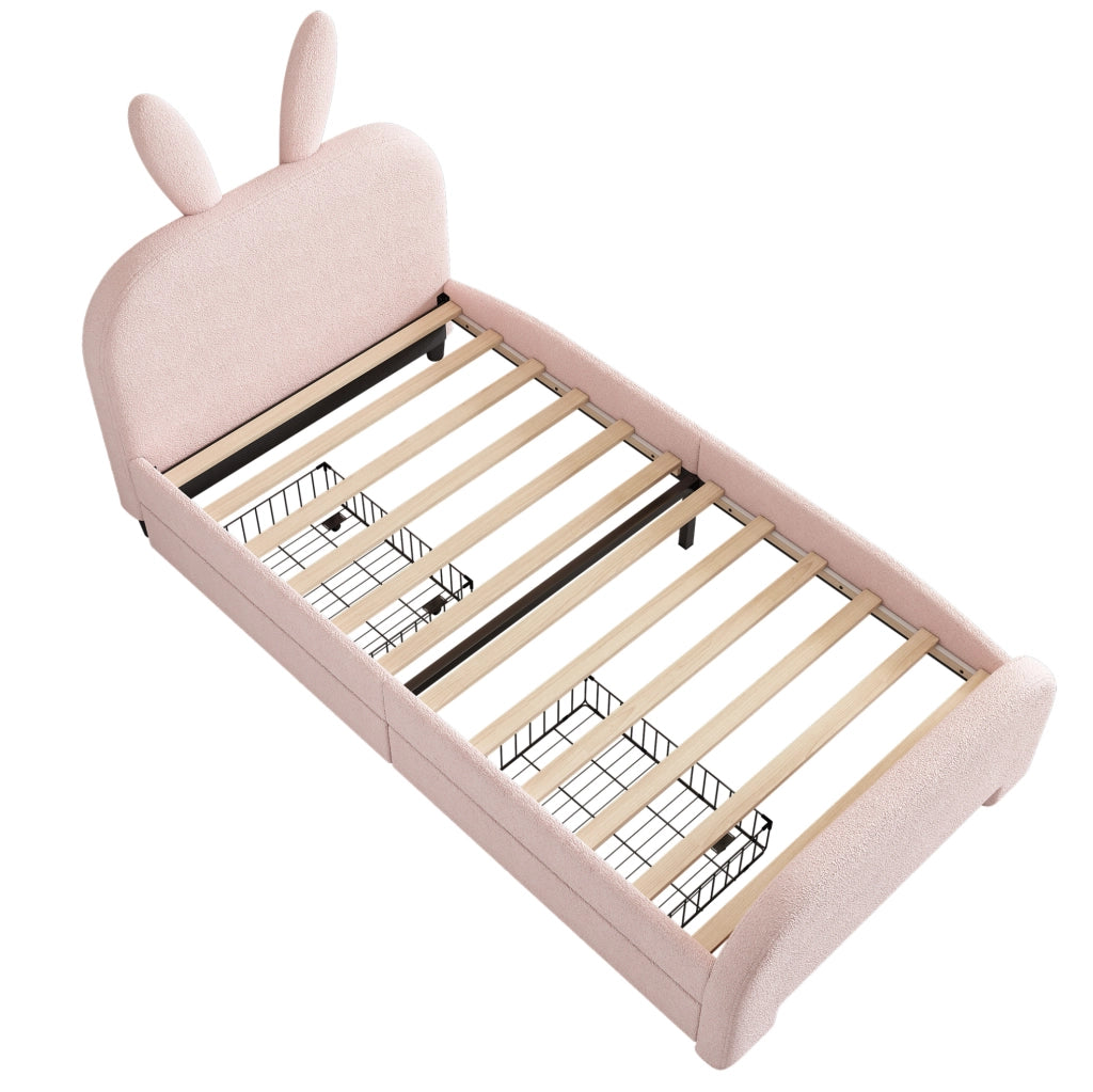 Letto per bambini con testiera a forma di coniglio; 90x200 cm; rosa; in plush e MDF con 2 cassetti
