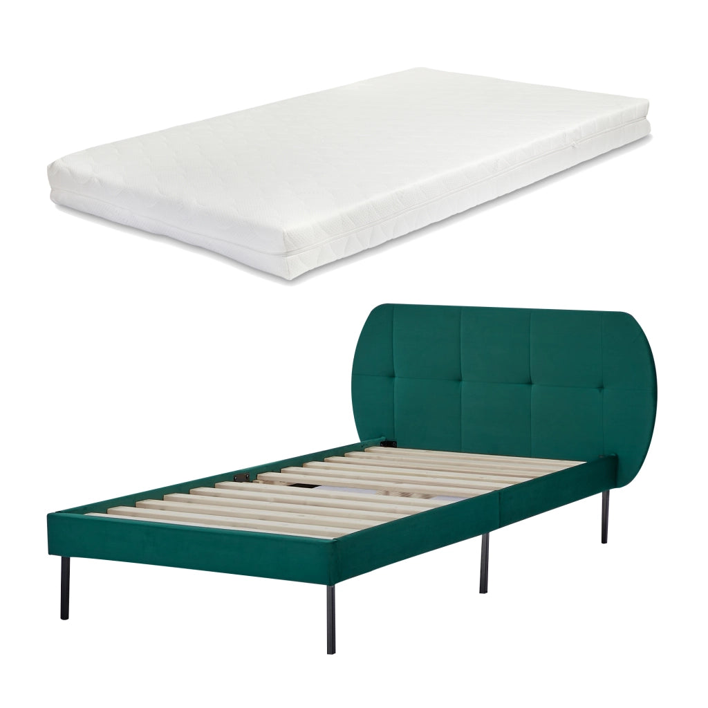 Letto Singolo Porvoo con Testiera e Materasso 90x200 cm Rivestimento in Velluto - Verde Scuro [en.casa]