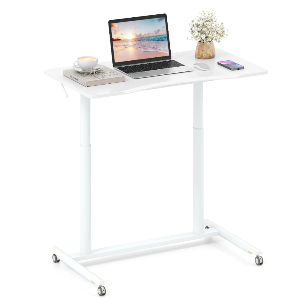 Tavolo portatile per laptop con ruote bloccabili e struttura in metallo per spazi ridotti-Scrivania mobile regolabile in altezza a forma di C Bianco