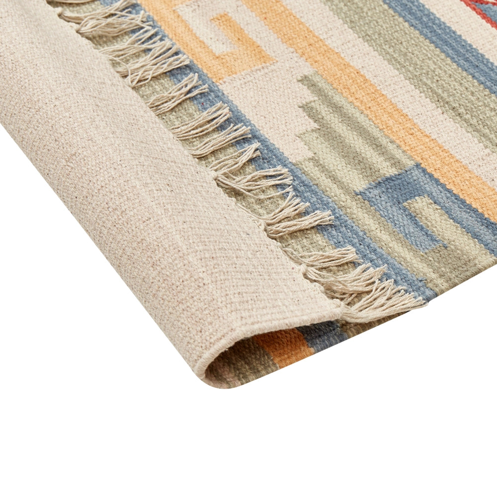 Tappeto Kilim Beige e Marrone Cotone 80 x 150 cm Tagliato a Navetta Tessuto a mano Pavimento Parete Tappeto Simboli geometrici Motivo reversibile Frange