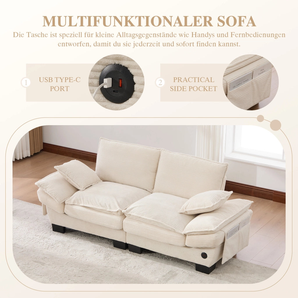 Sofa a due posti con seduta ampia, design ergonomico, USB-C e tasche laterali in corduroy beige 190 × 73 × 84 cm