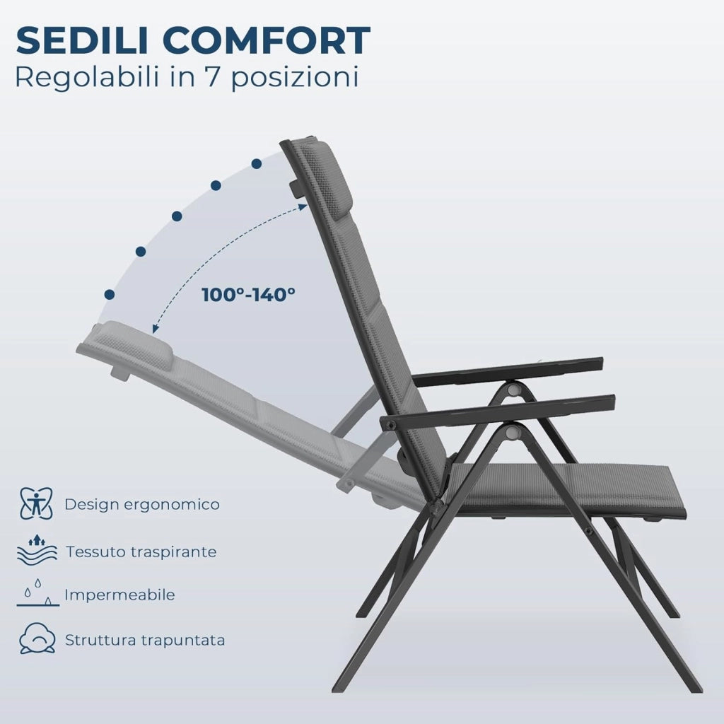 Set Tavolo e Sedie da Giardino 7 Pezzi, Composto da 1 Tavolo in Alluminio e 6 Sedie Pieghevoli, Tavolo da Giardino Allungabile (80/160 cm), Set Tavolo e Sedie da Esterno, Grigio
