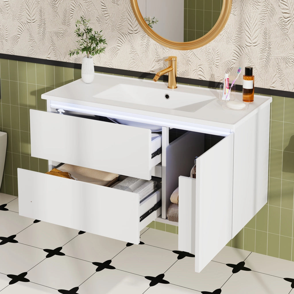 Mobile sottolavabo con lavabo in ceramica, LED con sensore radar, 2 cassetti e 1 vano, bianco 91 × 46,5 × 50,5 cm