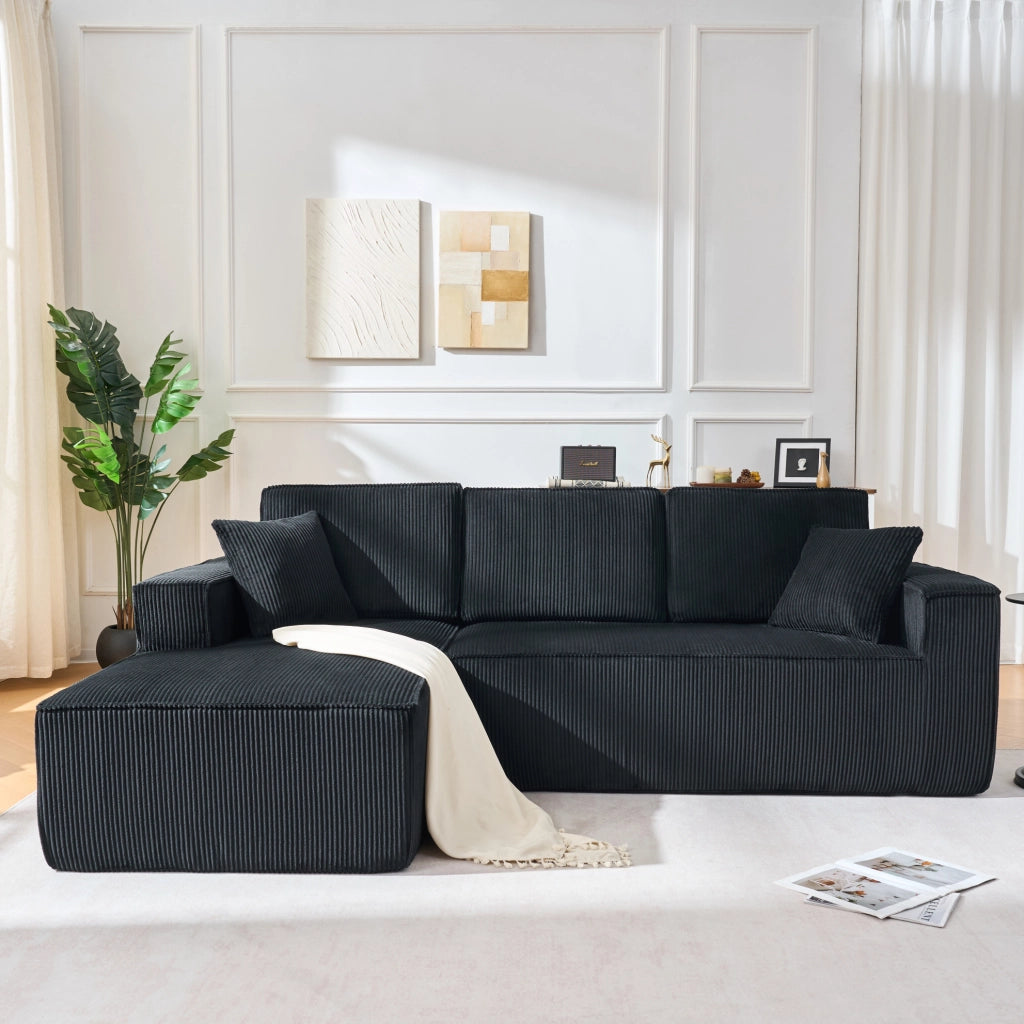 Divano angolare modulare a L in tessuto corduroy nero; 235x128x60 cm; con 2 cuscini