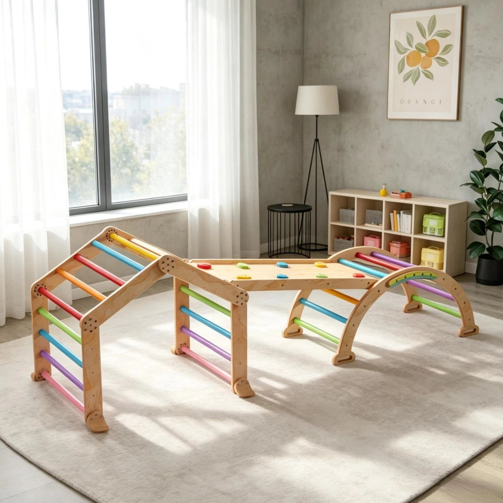 Set da arrampicata ULEVR 9 in 1 per bambini 18-48 mesi, arco 100x52,5x48 cm, rampa reversibile e lavagna