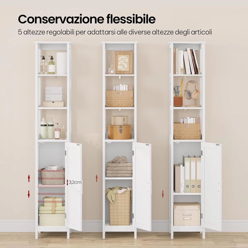 Mobile Alto da Bagno, Mobiletto da Bagno, con 3 Scomparti Aperti, 30x30x163 cm, Portaoggetti, Mobiletto Salvaspazio Stretto, per Bagno, Soggiorno, Studio e Ufficio, Bianco 002WDG