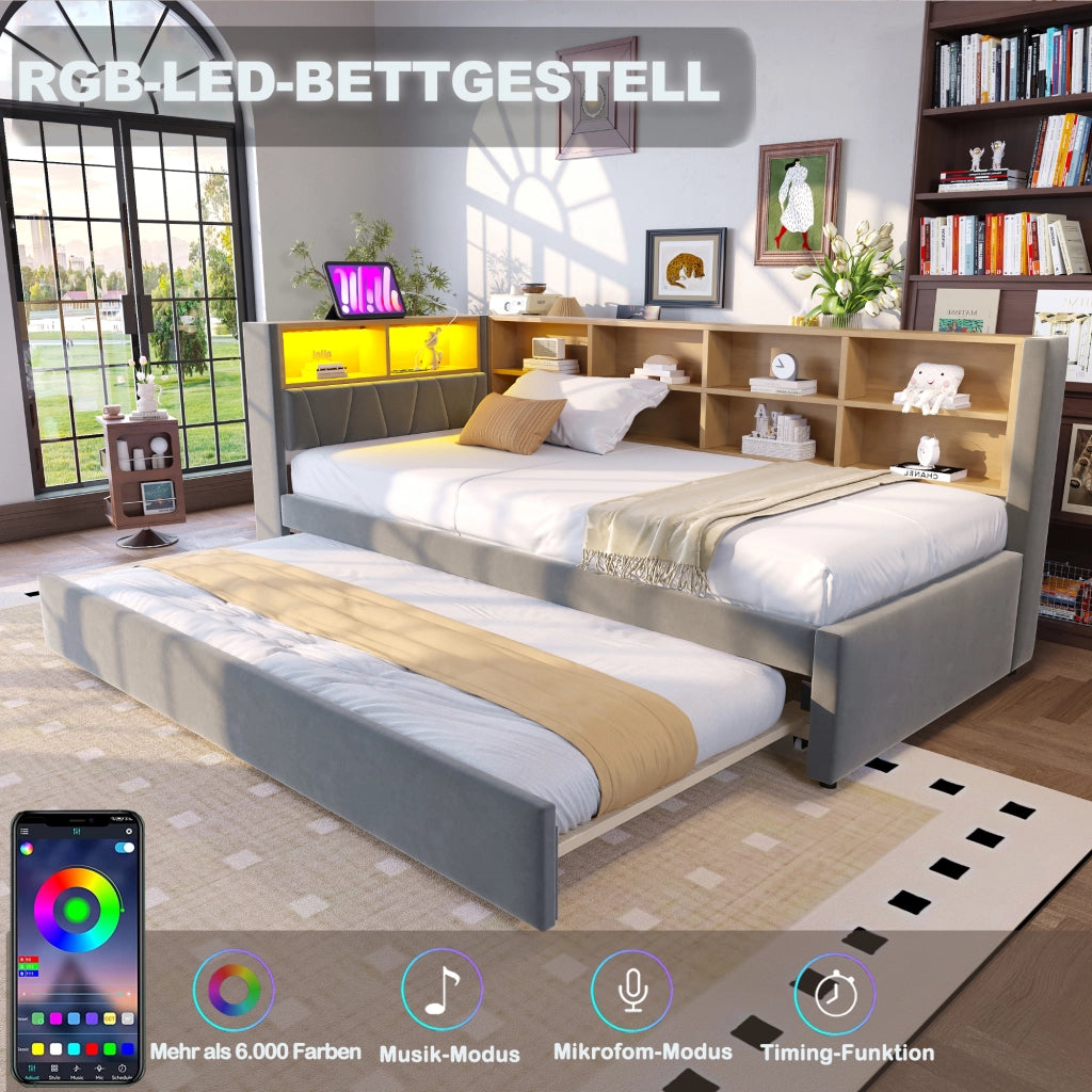 OKWISH Letto Divano 90×200 cm, Letto Singolo con Letto Estraibile 90×190 cm, LED, USB e Tipo C, senza Materasso, Flanella, Grigio Scuro