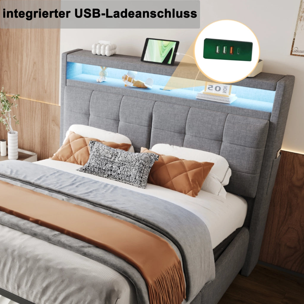 Letto Matrimoniale 140 x 200 cm; con LED e USB; contenitore idraulico; in Lino Grigio
