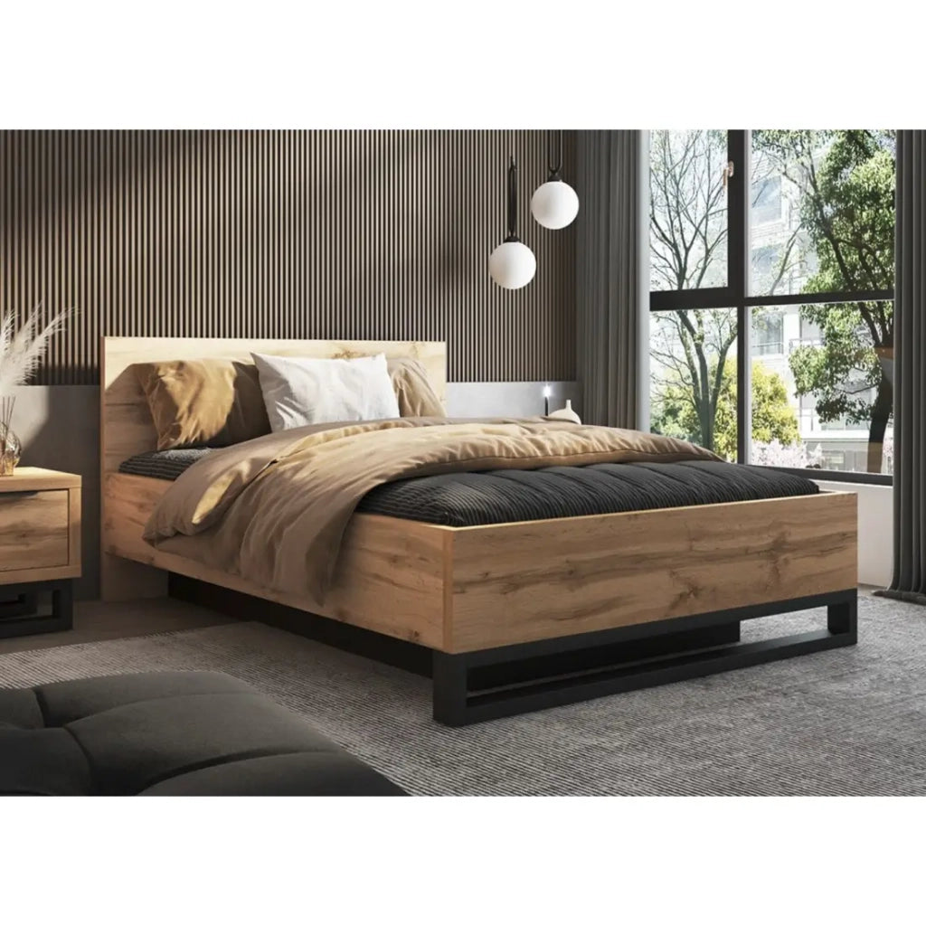 Letto contenitore MILOS 140 x 200 cm con rete a doghe sollevabile – Rovere grezzo e nero – Stile industriale