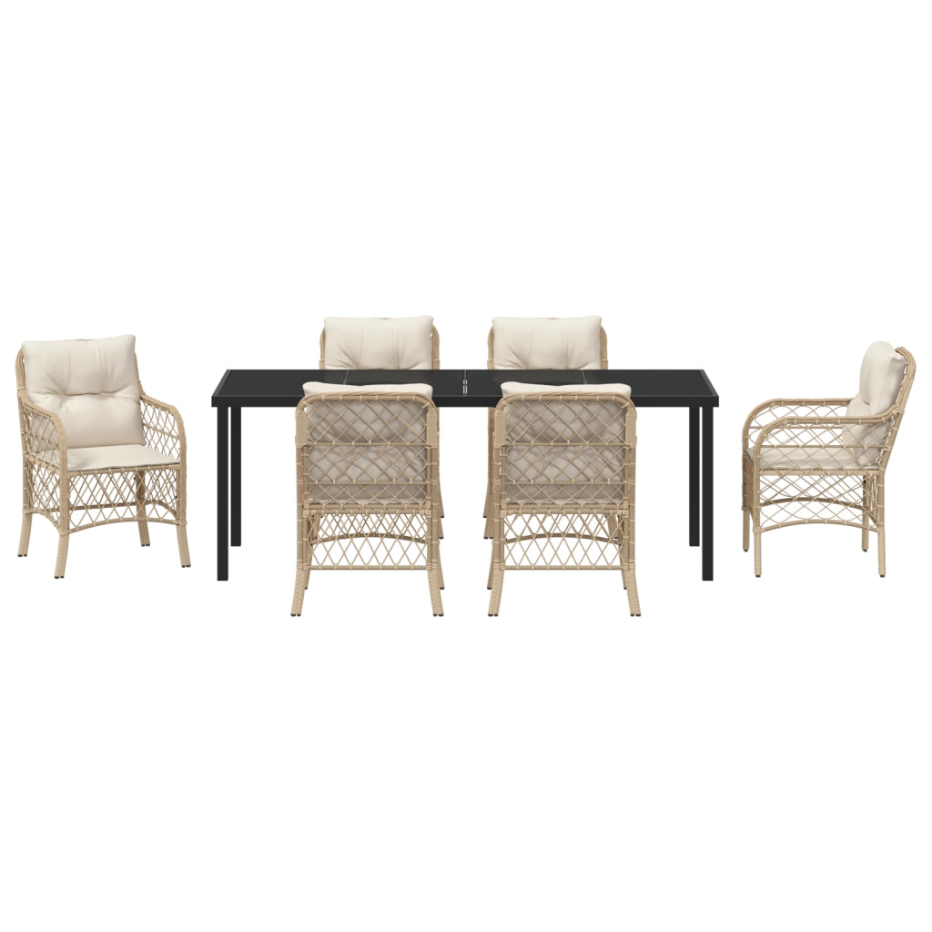 Set da Pranzo per Giardino 7 Pezzi con Cuscini in Rattan Polietilene Beige
