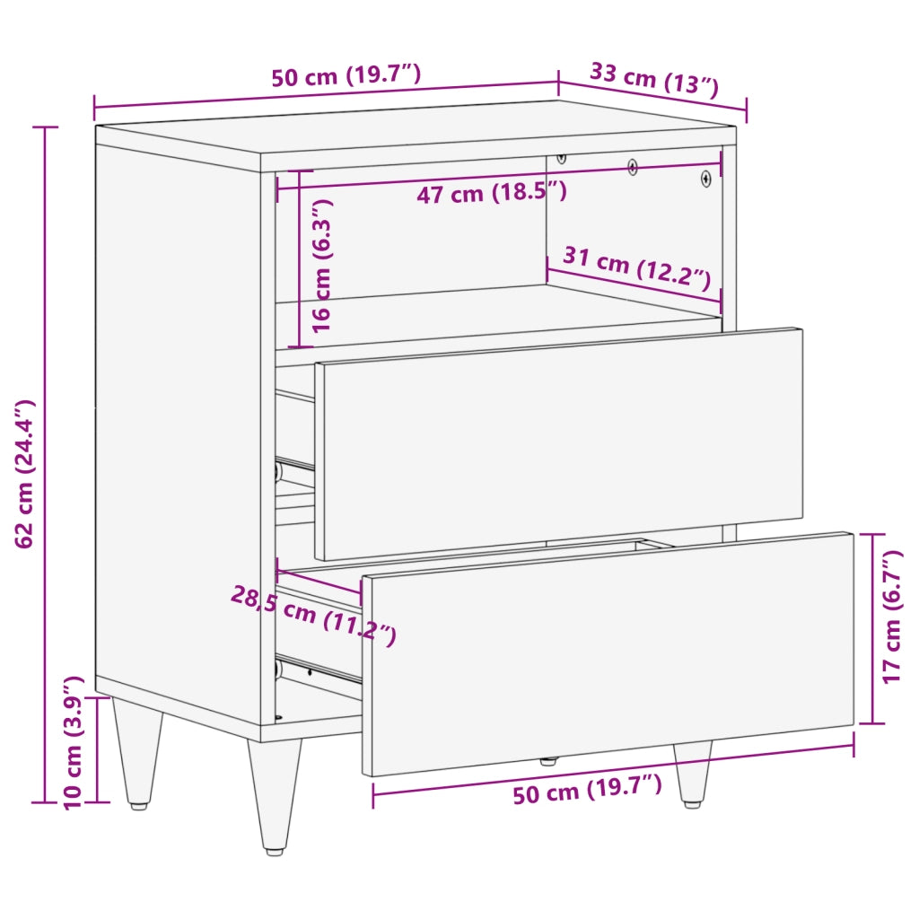 Comodino 50x33x60 cm in Legno Massello di Mango