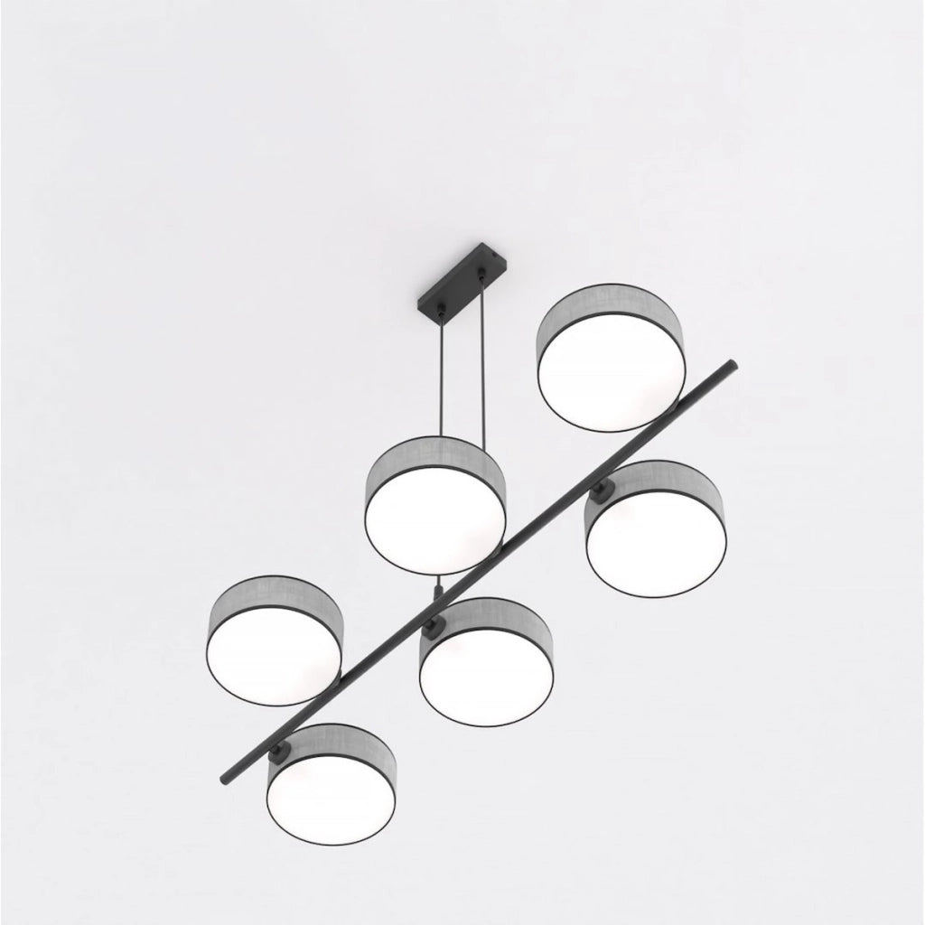 Lampada a sospensione DRUMZ 6 in acciaio nero e tessuto grigio