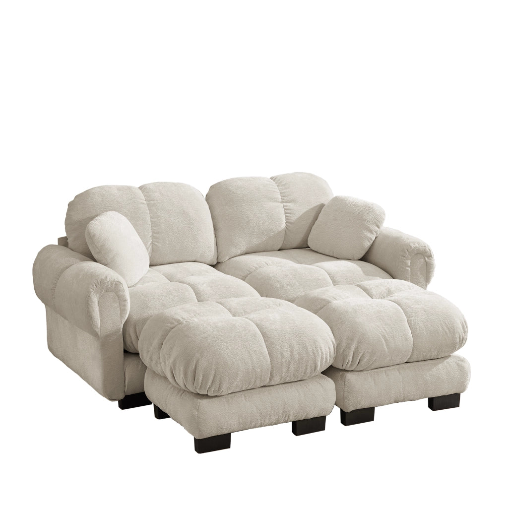 Divano modulare 2 posti con cuscini trapuntati e pouf mobile per soggiorno in ciniglia beige chiaro