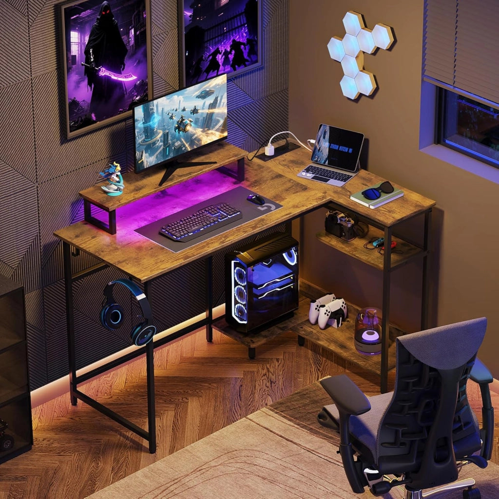 Scrivania angolare Gaming con LED RGB ¨C zephmum ¨C Vintage marrone 122x80 cm