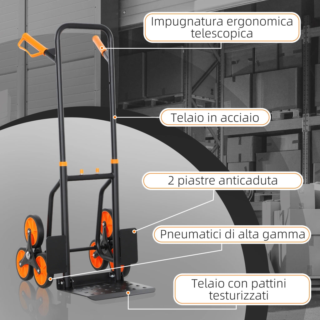 Carrello Portapacchi per Scale 6 Ruote 44x38x106,5 cm Pieghevole Portata 120kg in Acciaio Arancione