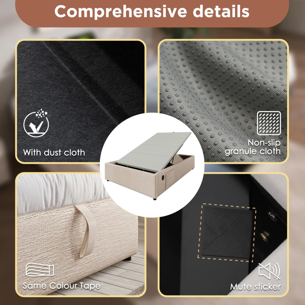 Letto matrimoniale contenitore 140x200 cm in lino; con USB e porta Type-C; beige naturale