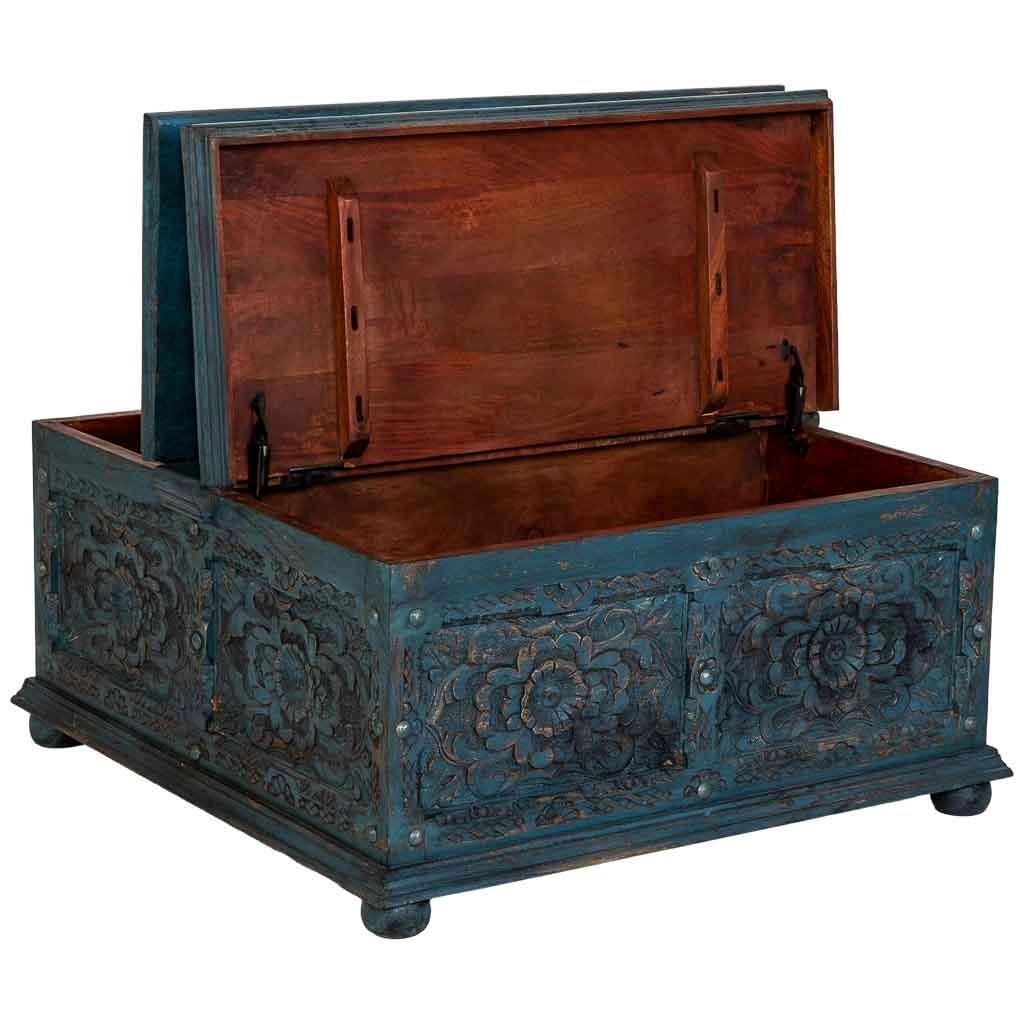 Tavolino artigianale in legno blu 100x100x47h cm