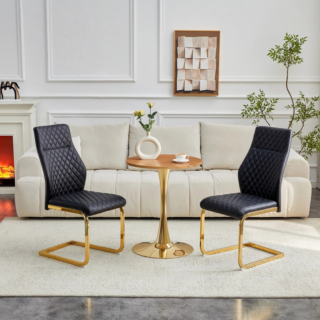 Set tavolo e sedie con 1 tavolo rotondo e 2 sedie imbottite; base centrale; in MDF; metallo e similpelle nero e oro