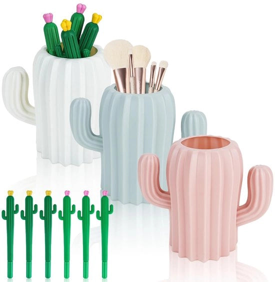 Cactus penhouder 3 in 1 per scrivania con 6 penne divertenti, organizzatore per pennarelli e accessori kawaii per casa, classe, ufficio e cabina di regia (3 colori)