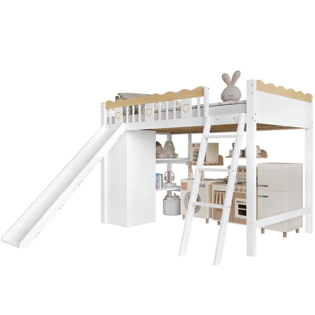 LETTO A CASTELLO ALTO con scivolo, armadio, 90x200 cm, bianco/naturale