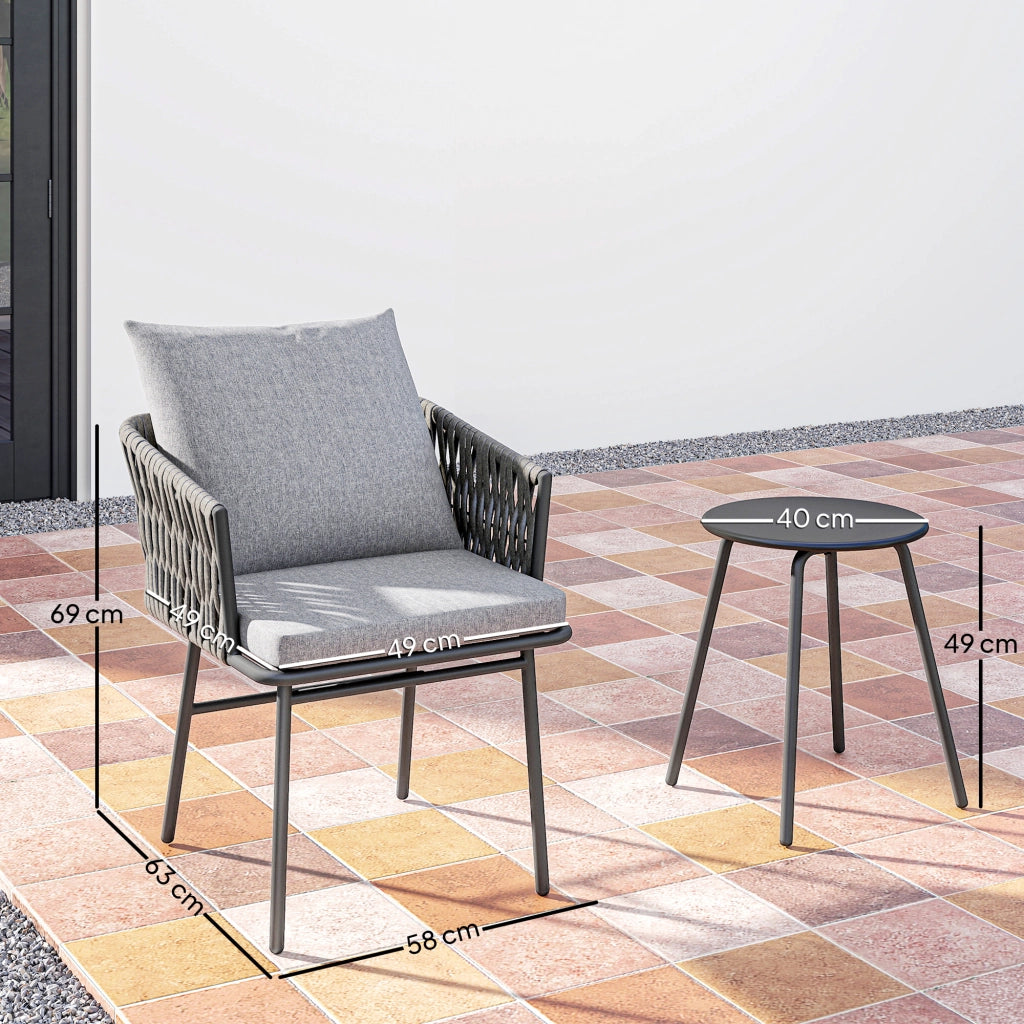 Mobili da giardino da esterno a 3 pezzi: 2 poltrone + tavolo; rattan sintetico; telaio in acciaio; 4 cuscini; grigio