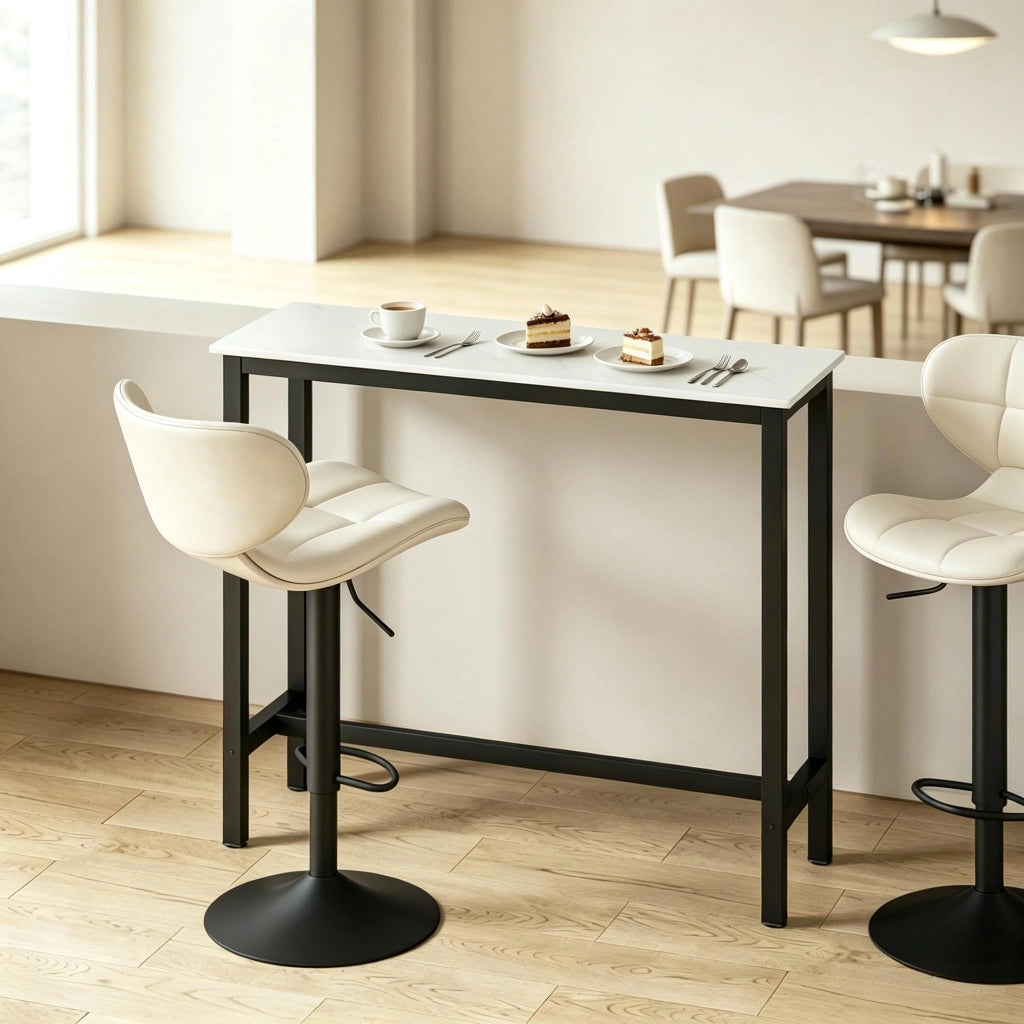 Tavolo bar con base in acciaio e piano effetto marmo, con poggiapiedi, per cucina e soggiorno, 120 × 40 × 100 cm