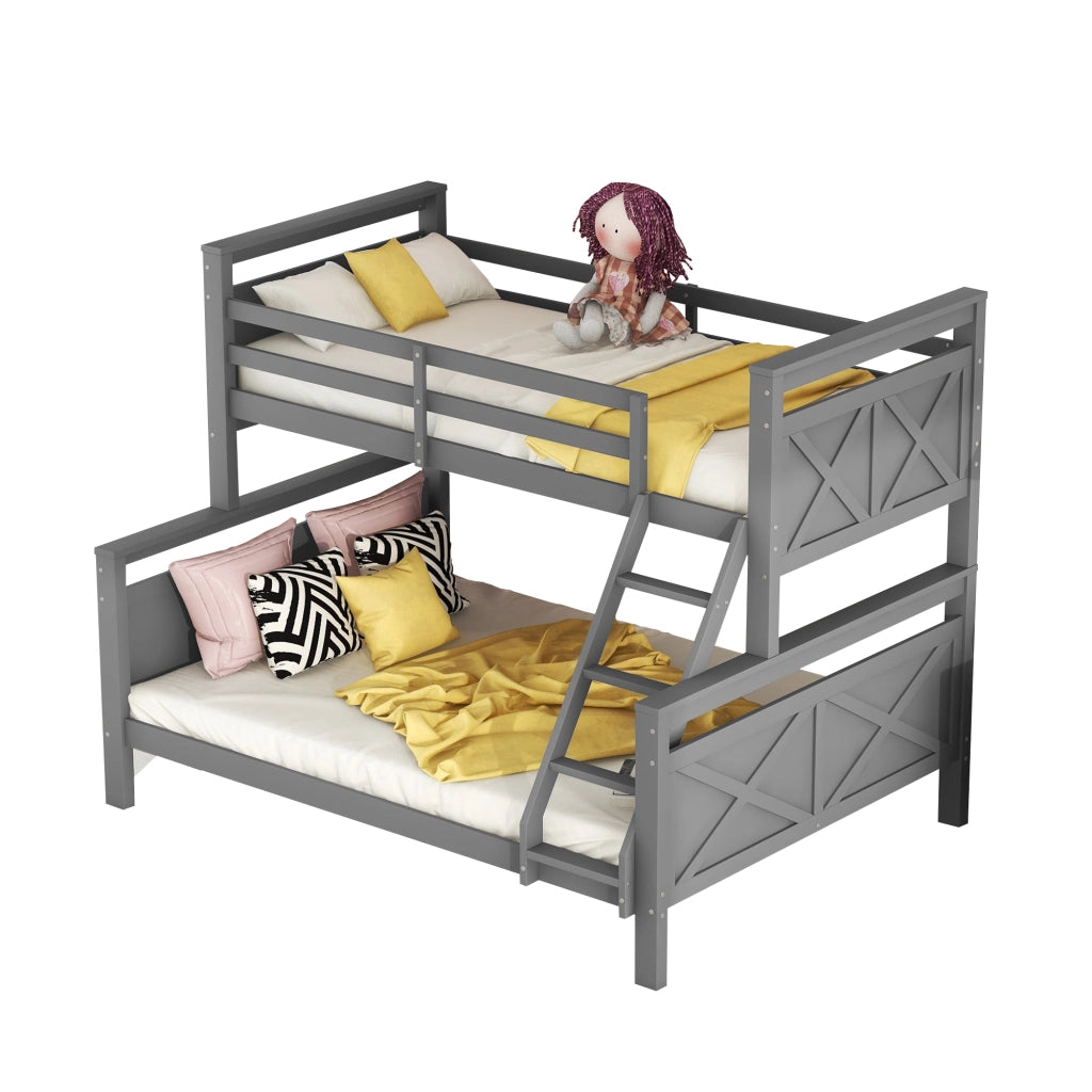 Letto a castello con scala e parapetto in pino grigio 90x200 cm