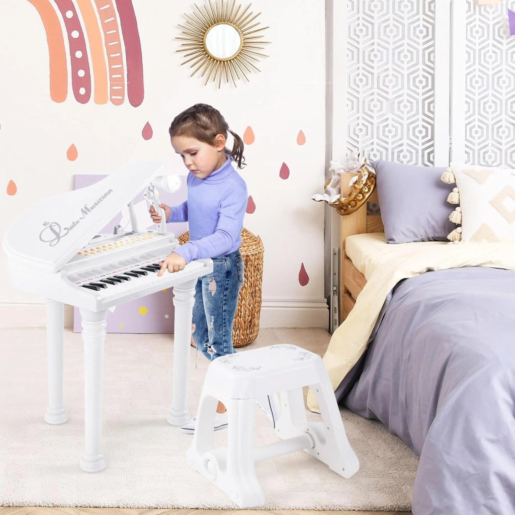 Tastiera Pianoforte a 31 Tasti per Bambini con Microfono e Sgabello, Tasti Giocattolo Portatile con Modalità di Insegnamento a LED, Pianoforte a Coda per Bambini 3+ Anni (Bianco)