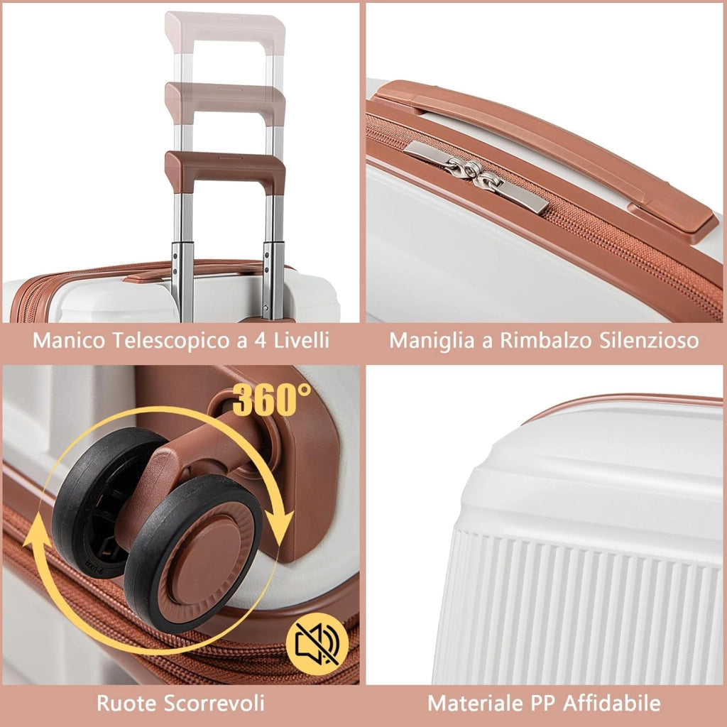 Set di Bagagli da 2 Pezzi, Valigia Trolley da 20" e Casetta da Trucco da 14" in Materiale PP Rigido Leggero con Lucchetto TSA, Porta USB e Ruote Girevoli, Bagaglio a Mano Espandibile (Bianco)