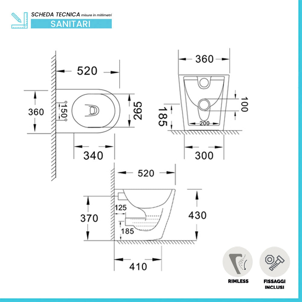 Set sanitari in ceramica bianco lucido filomuro rimless con copriwc Kyoto