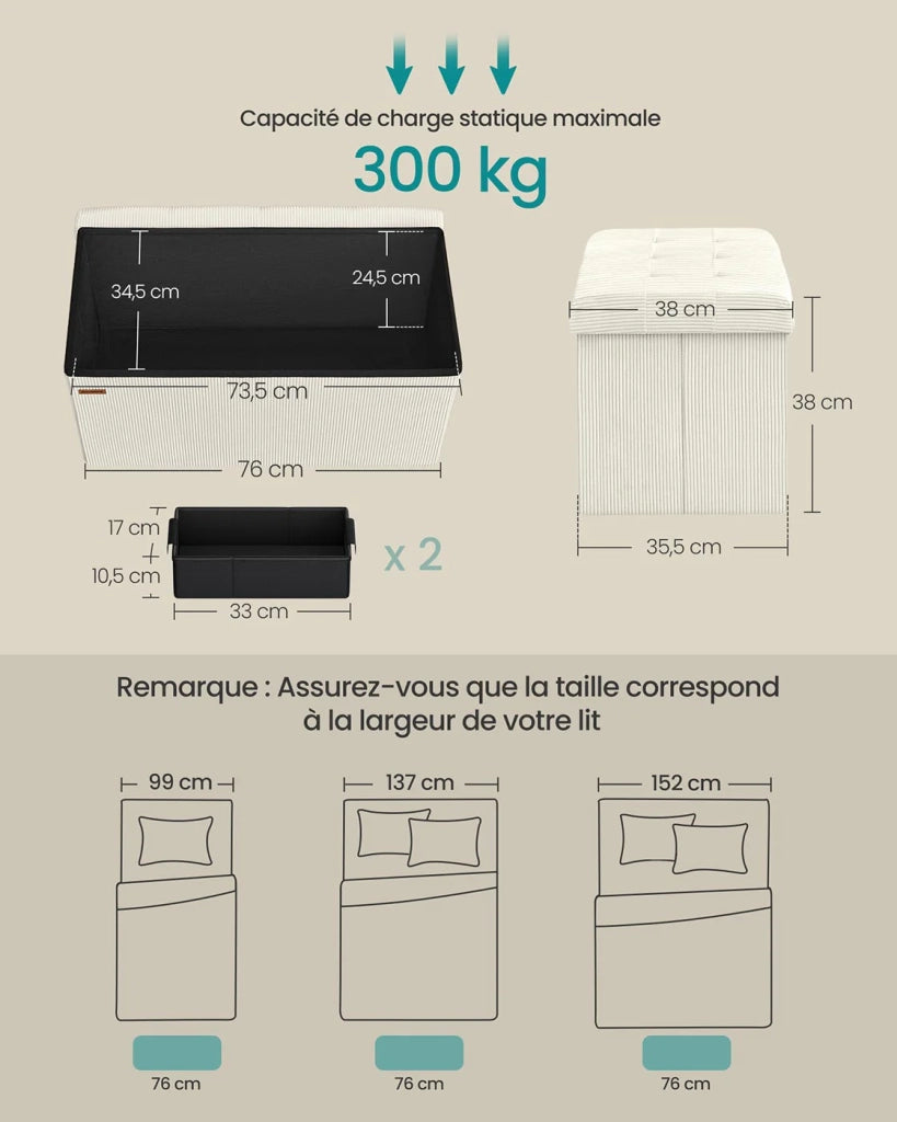 Panca contenitore pieghevole 38 x 76 x 38 cm poggiapiedi/testa letto cassapanca contenitore portata fino a 300 kg per soggiorno camera da letto ingresso bianco crema 12_0004168