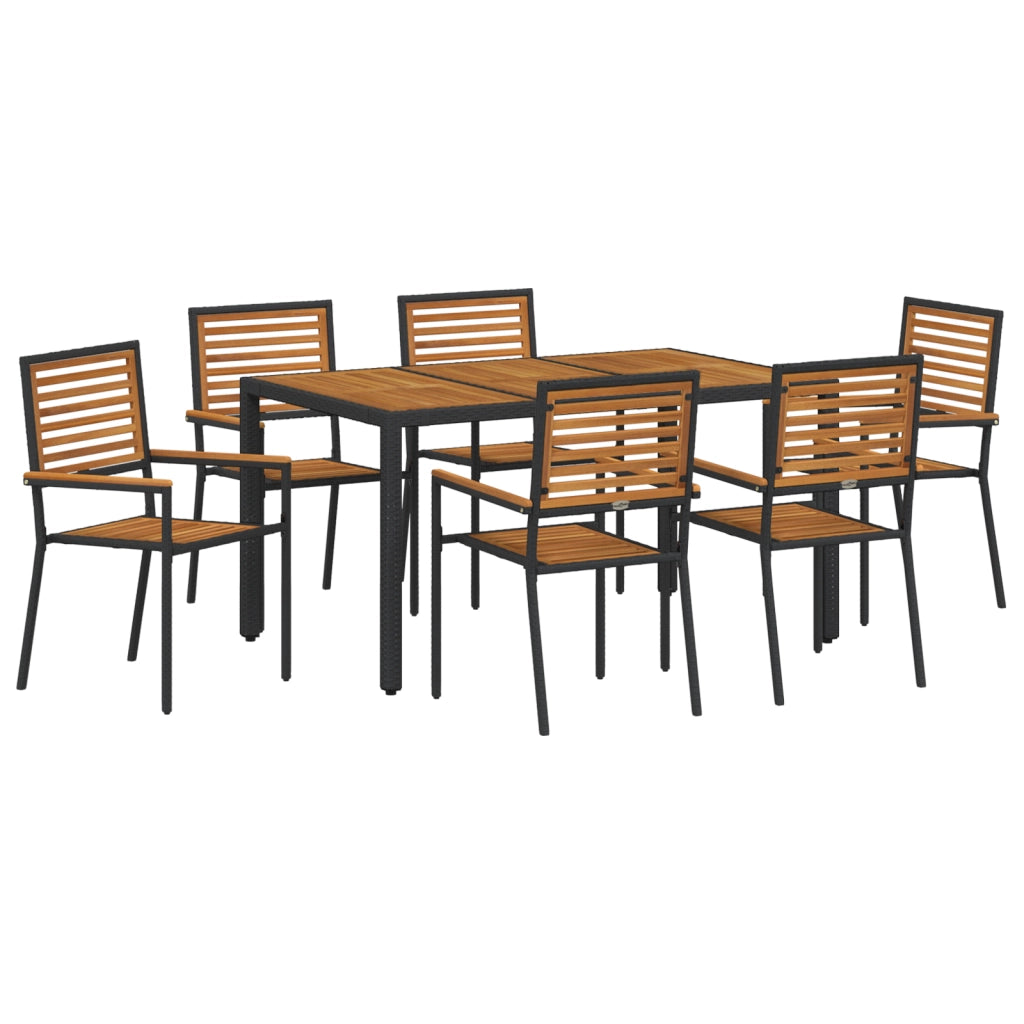Set da pranzo da giardino  7 pezzi in polirattan nero e acacia