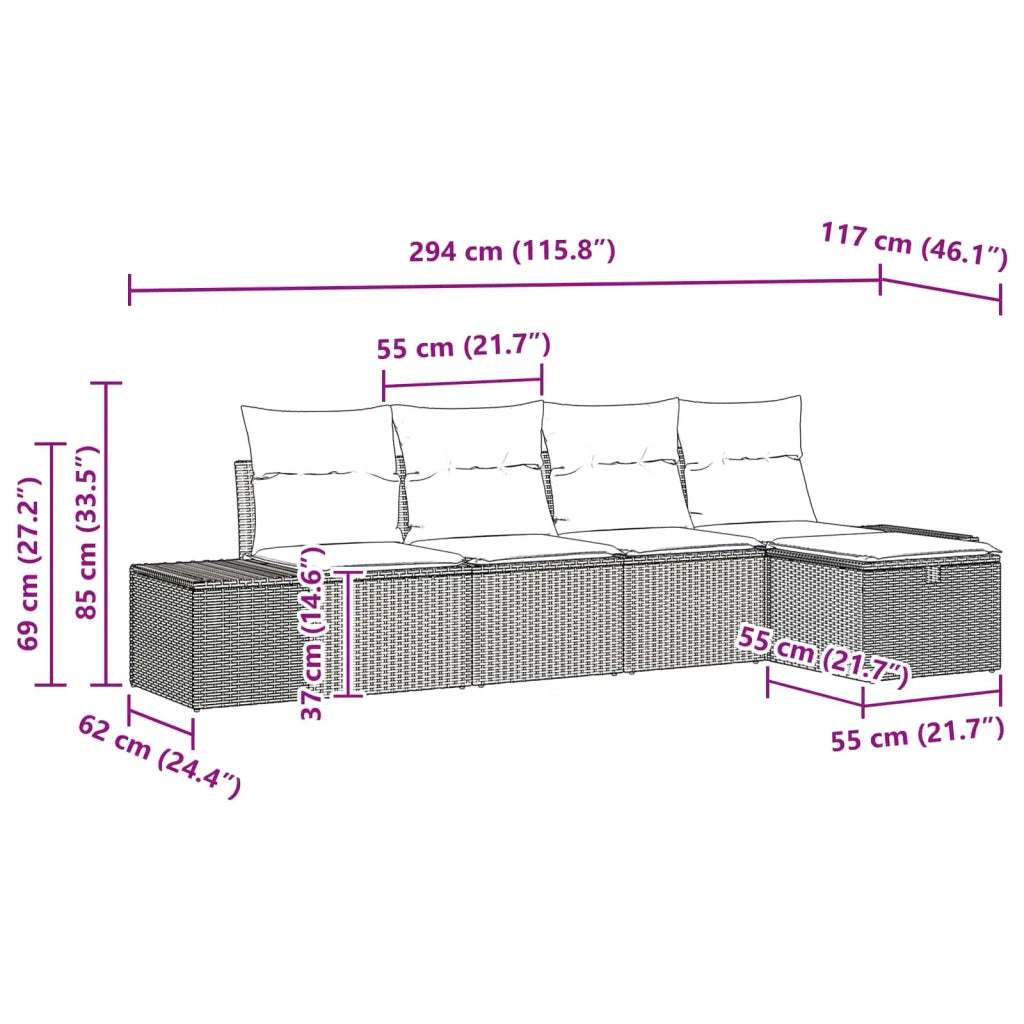 Set Divano da Giardino con cuscino 5 pcs Marrone polyrattan