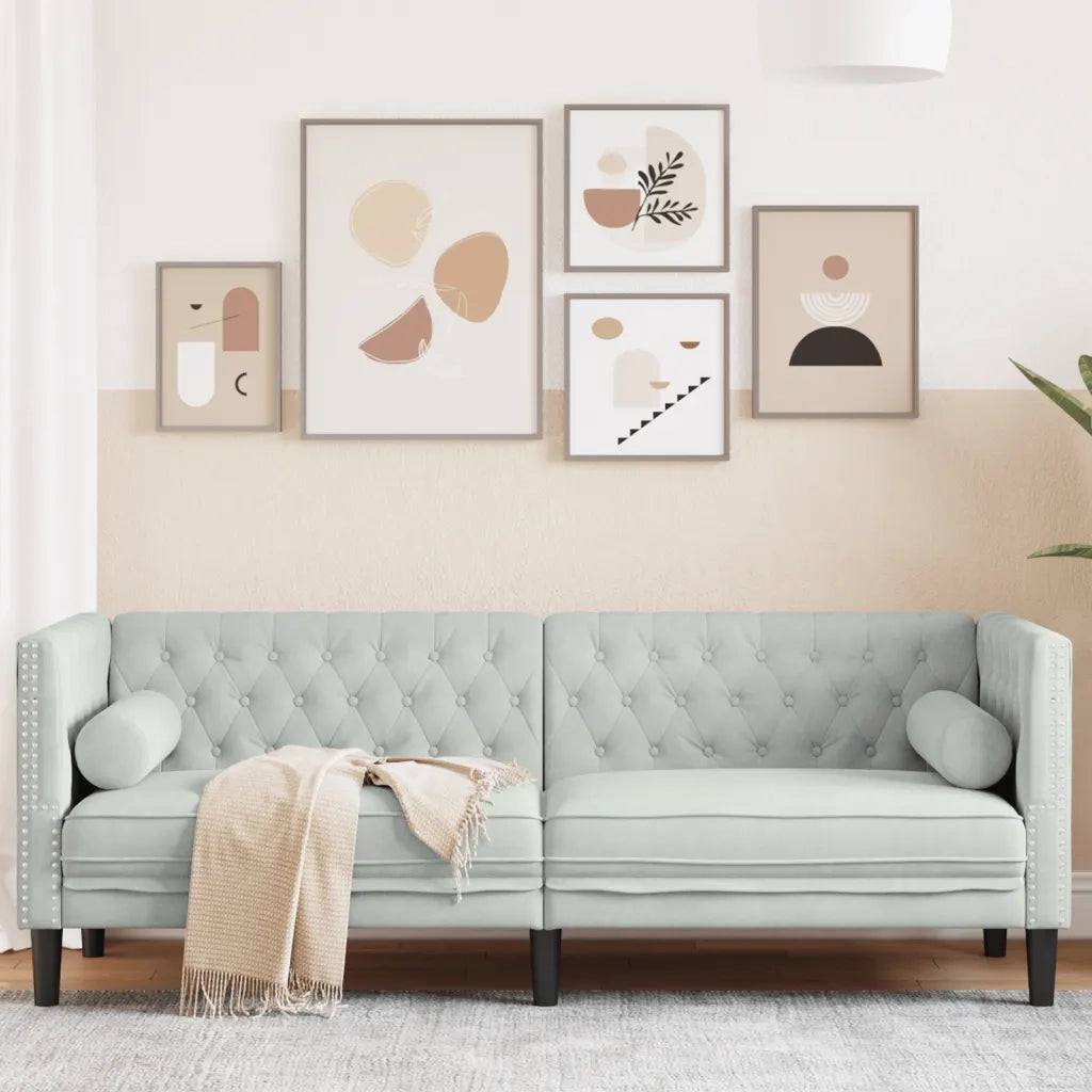 Divano Chesterfield con Rinforzi 3 Posti-Sofa 3 Posti-Divanetto Grigio Chiaro Velluto
